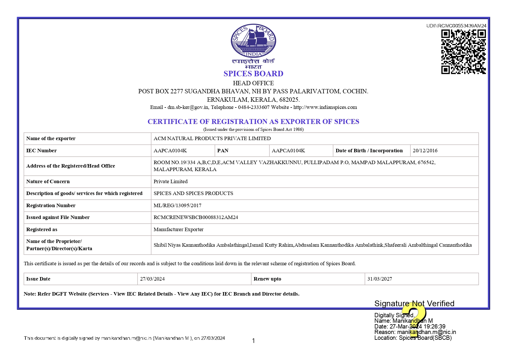 SPICES BOARD REGISTRATION
